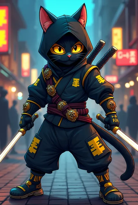 Create a cartoon-style image of a cool male teenager disguised as a black and yellow ninja cat with sabers 