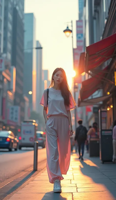 A beautiful Korean woman with long blackish-pink hairstyle, wearing soft-colored casual clothes, walks calmly on the sidewalk of a busy big city. The background features modern tall buildings with lots of people passing by, cars and street lights. The atmo...