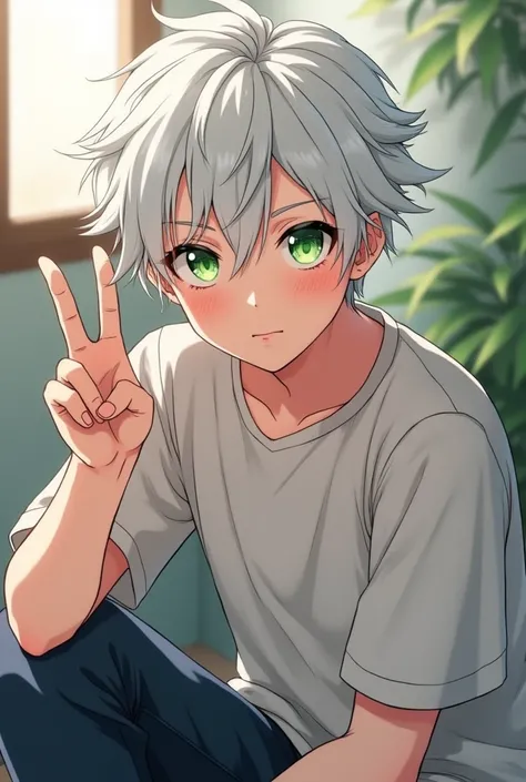 A young man with white hair and green eyes sits and holds up two fingers cutely, 19 years old, completely anime.