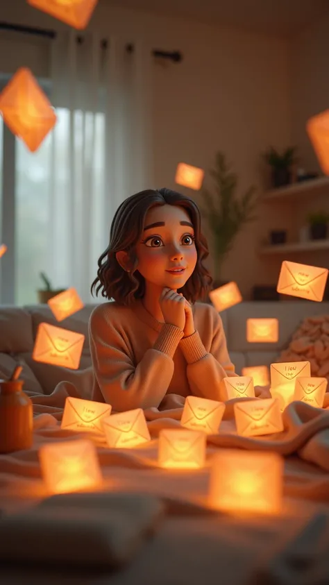 3d art woman at home surrounded by glowing envelopes labeled "New Subscribers Today"