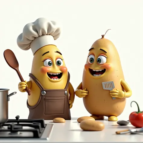 Create a realistic photo that shows two anthropomorphized potatoes.  The potatoes are shown full-bodied .  The characters are inside the screen and no part of the characters is cut. The potato on the left has a smooth texture and is wearing a chefs apron w...