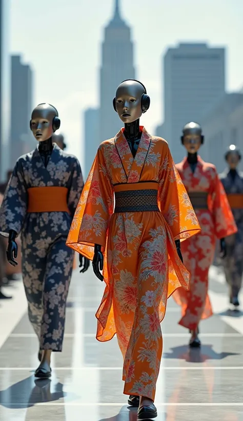   American New York Fashion Show 2035, humanoid robot models, Japanese Kimono Style, Fashion for young and old, skinny and fat, adjustable , Japanese maker ユニクロ colorful kimono type casual dress,  obi type belt,  long boots. ( super detailed, High Details,...