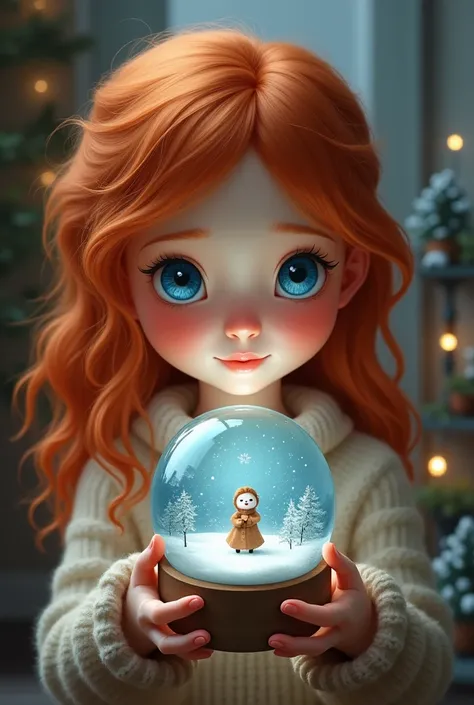 Red-haired girl with wavy hair and beautiful blue eyes holding a snow globe