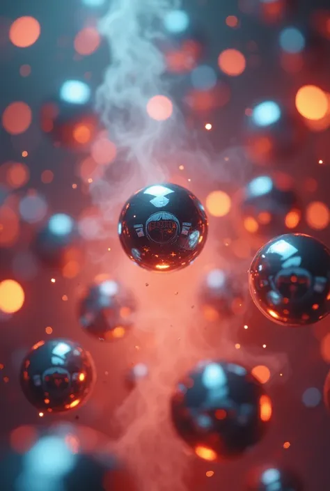  An abstract background with lots of silver caporal boot bells,  of different sizes ,  floating in the air .  The lighting should be warm and with red and blue colors , creating a festive effect with smoke 