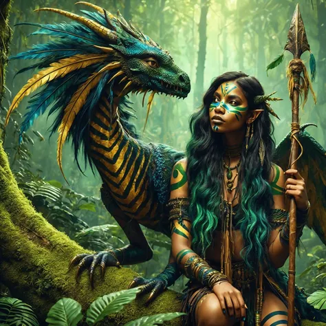 The magical fantasy creatures art of a young, dark-skinned woman with long, dark blue-green-gold hair wearing tribal face paint and holding a spear, sitting next to a large, dark blue-green-gold dragon-like creature perched on a tree trunk in a lush, fores...