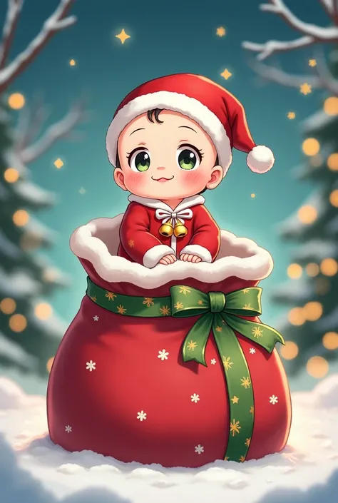 baby wearing christmas suit sitting on santas gift bag, anime