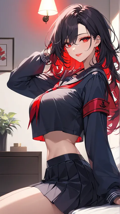 Highest quality　masterpiece　High resolution　masterpiece, black messy hair, thick and beautiful hair, middle parted hair 　red glowing Eyes, seductive lips, teasing smile, black long sleeves sailor uniform , crop top overhang, very, big breast, make up, very...