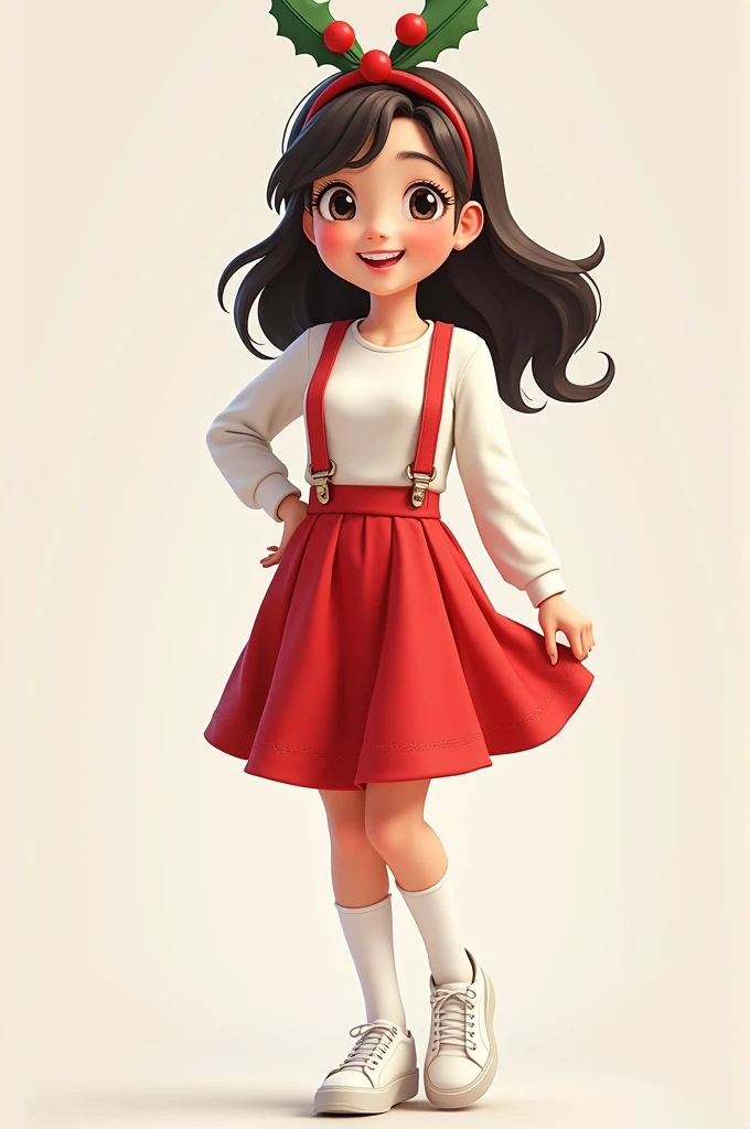 Girl wearing Christmas headband , white long sleeve blouse, red skirt with straps ,  white sneakers,  white stockings ,  animated 