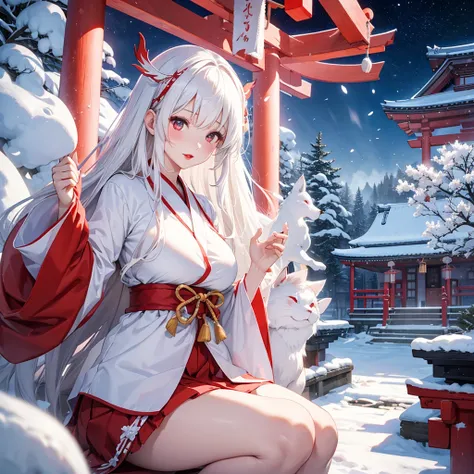 Japanese Mythology、Inari、goddess、A white shrine maiden outfit arranged as a miniskirt、 long dark hair 、 white skin、 red lips、shrine、 Big Breasts ,