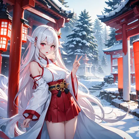 Japanese Mythology、Inari、goddess、A white shrine maiden outfit arranged as a miniskirt、 long dark hair 、 white skin、 red lips、shrine、 Big Breasts ,