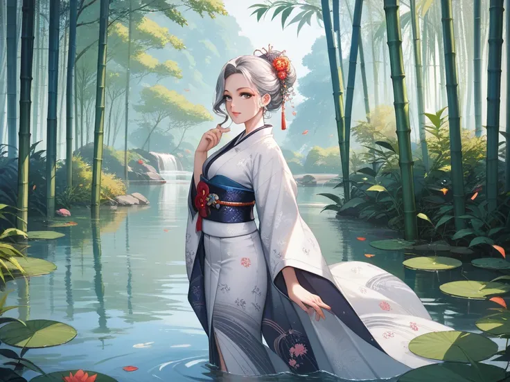 An elegant Japanese woman in a [black and silver kimono with intricate crane patterns] is depicted standing by a tranquil pond, surrounded by bamboo trees, her serene expression highlight