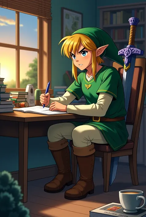 A cozy study scene in a Japanese anime style, featuring a badass version of Link from The Legend of Zelda: Ocarina of Time. He is sitting at a desk, wearing headphones and focused on writing or studying. The room has soft, warm lighting with a window in th...