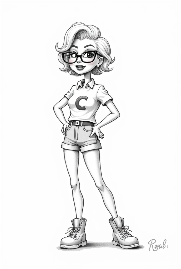 Marilyn Monroe cartoon drawing sketch with nerd clothes shorts and shirt with the letter c on the chest of the shirt and with lenses shoes in the style drawing sketch 