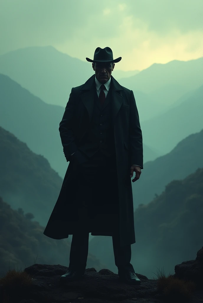  Dark silhouette of an Italian Mafia man against a background of a landscape ,Make it quite a surreal and beautiful work of art 
