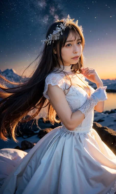 (     smiles、 Snowflakes 、When she casts a spell , Snow-capped mountain ranges in the background、Sunset、 Magic Rim 、staring at something、diamond dust flutters、クリーム色のhair、   Heavy snowfall area      、   Snow is falling   、    blue eyes、    blue eyes、Elegant...