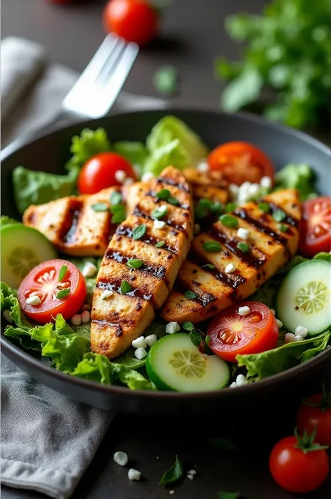 A bowl of grilled chicken salad, showcasing juicy chicken strips, crisp lettuce, cherry tomatoes, sliced cucumber, and drizzled balsamic vinegar on top. Presented on a dark plate with a fork and napkin beside it.