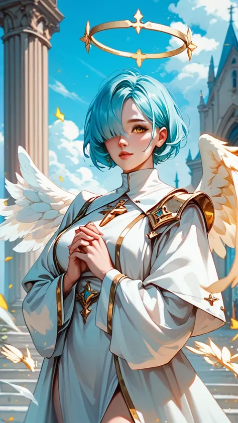 score_9, score_8_up, score_7_up, score_6_up, 1woman, cyan hair, short hair, hair covering eye, golden eye, cleric, white robe, halo, angel wings, sacred, sky