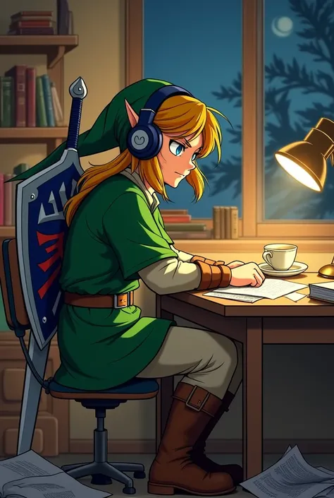 A cozy study scene in a Japanese anime style, featuring a badass version of Link from The Legend of Zelda: Ocarina of Time. He is sitting at a desk, wearing headphones and focused on writing or studying. The room has soft, warm lighting with a window in th...