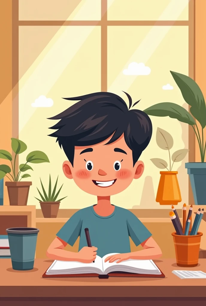 simple cartoon of student boy studying 