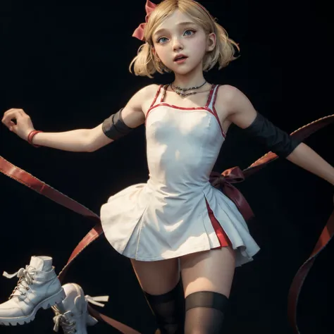 A stylized 3D character of a young woman in a T-pose. She has blonde hair with a red ribbon tied around her head and straight bangs. She wears a simple white sleeveless dress and thigh-high white stockings. Her footwear consists of black combat boots with ...