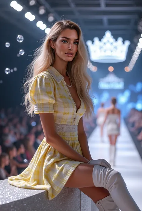 Woman Kendall      ,       black eyes,      , blush,     shiny skin and long light blonde hair  Woman Kendall      ,       black eyes,      , blush,     shiny skin and long light blonde hair .  sitting from above watching a GLOWING COMPETITION RUNWAY FULL ...