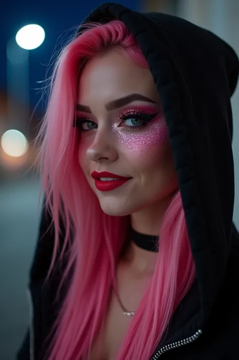 8k quality, masterpiece, ((Ultra detailed background, Intricate details)), best quality, Intricate details, Chromatic Aberration, woman, looking at viewer, makeup, glitter, glitter makeup, glam makeup, bright makeup, heavy makeup, black hoodie, hood, choke...