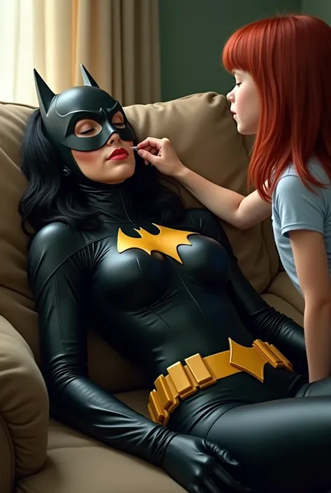 realistic, 50 yr old milf with black hair and black leather batgirl mask passed out unconscious on a couch, milf passed out and unconscious, milf is wearing a skintight tight-fitting light black leather push up black batsuit, milf girl is wearing black lea...