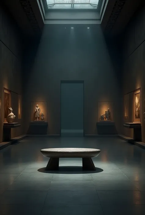 Half-dark and gloomy museum with valuable artifacts on the sides and a diamond bench (but without diamonds ) Empty