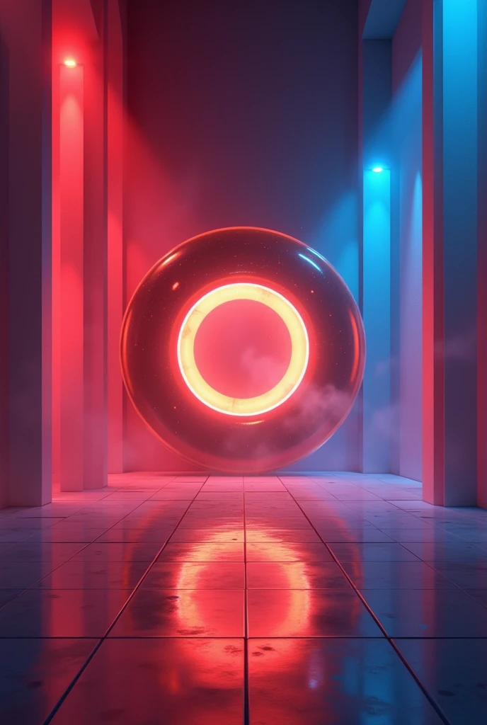 An abstract background that has a floor and that has a badge.  The lighting should be warm and with red and blue colors , creating a festive effect with smoke  