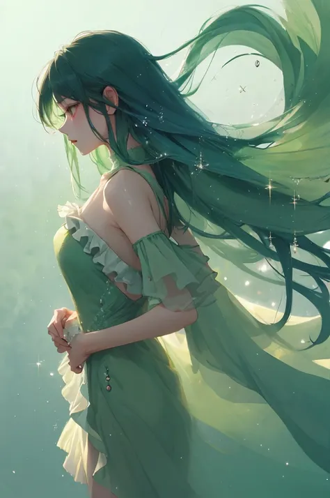  １ beautiful girl、From the side、 skin texture、shoulder、  mist dress 、Frills、hand hold green、cool、 Soft、 SPARKLING REFLECTION 、 natural red super long hair、 Mist and Fusion 、GREEN - DARK MIST 、Blurred background、 blurry background、 warm light、HD