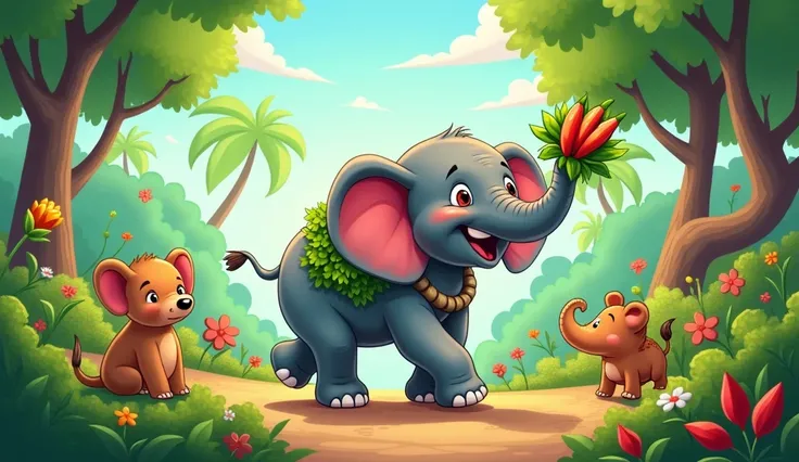 A vibrant cartoon-style elephant holding bundles of green chilies and coriander in its trunk, walking toward a cooking area in the jungle. The elephant looks happy and proud. Other animals gather around the cooking area, preparing a feast. The background s...