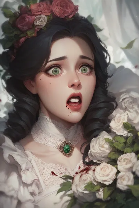 a white woman. emerald green eyes. black hair. beauty mark. victorian style. white dress. scared look. blood.