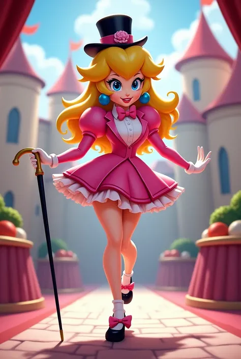 Princess Peach wearing a pink tuxedo leotard, with white shirt under her pink jacket, pink bow tie with white collar on her neck, with black Mary Jane tap shoes, with white socks, black cane to tap dance with, black pink top hat, while tap dancing sexy, in...