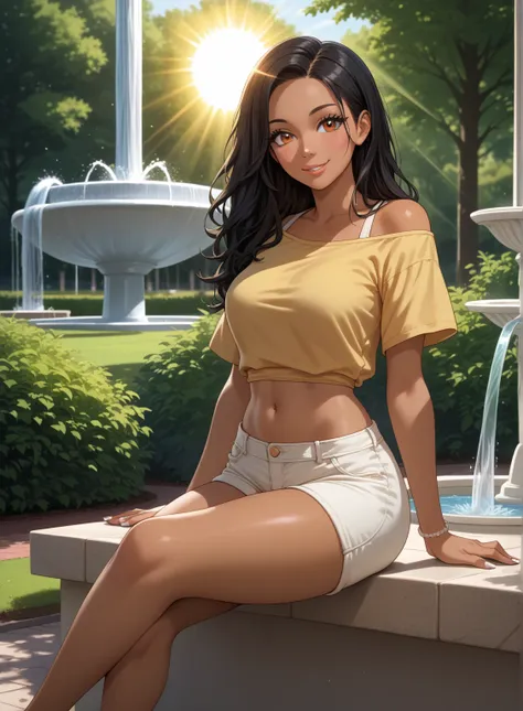 ((masterpiece)), ((anime style)), ((waist up)), {(attractive figure), (eccentuated curves), (medium breasts), (tan skin), (freckles), (long straight hair), (black hair), (brown eyes), (long eyelashes), (white nails), (lush lips), (cute smile)}, {(yellow of...