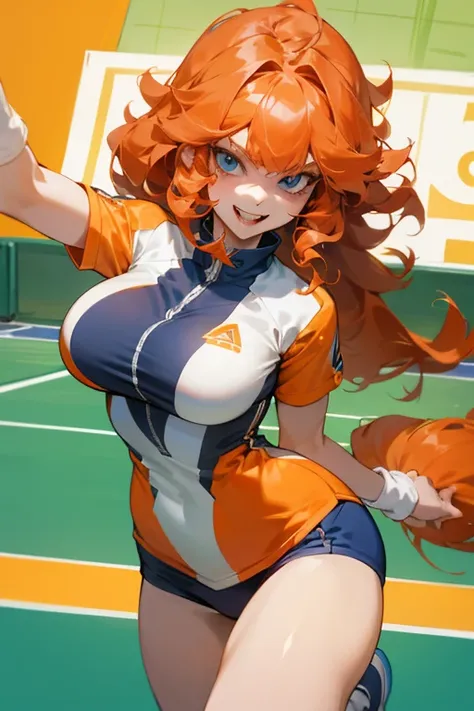 Mereoleona orange hair、grin,bangs,long hair,  Tufts at the whorl,Big Breasts,blue eyes, Thighs、look at me,Anatomically Correct ,she haves fang,Line of sight, tennis wear,