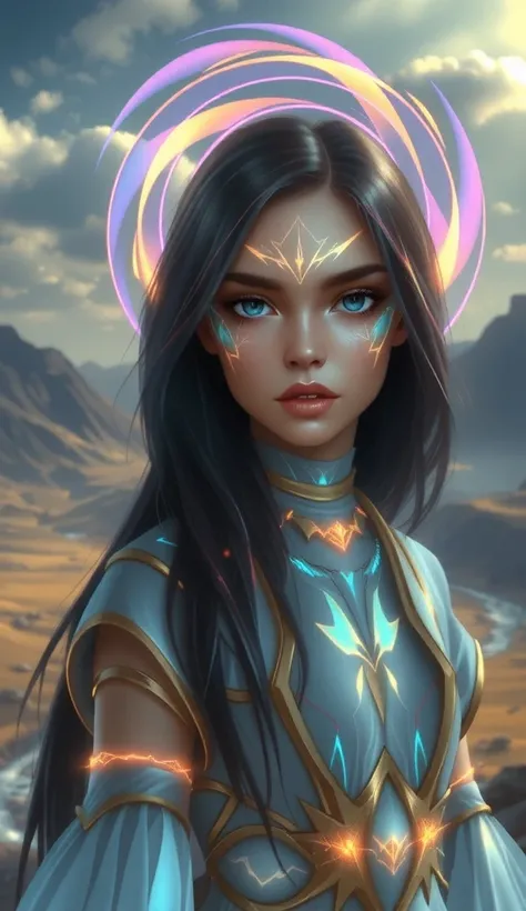 Create a digital painting of a young woman with long dark hair, ethereal blue eyes, and glowing iridescent markings on her face and body.  She wears a long, flowing gown that appears to be made of a bioluminescent material, mirroring the colors of the mark...