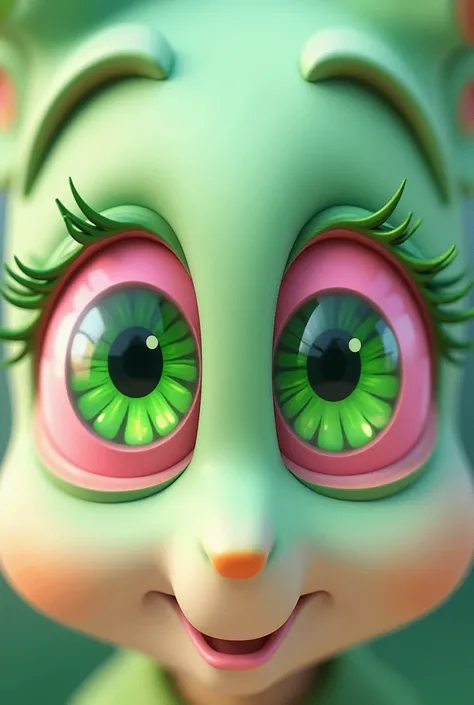 cartoon colored eyes with a mix color between pink and green, and 4 leaf clover inside the eyeballs.