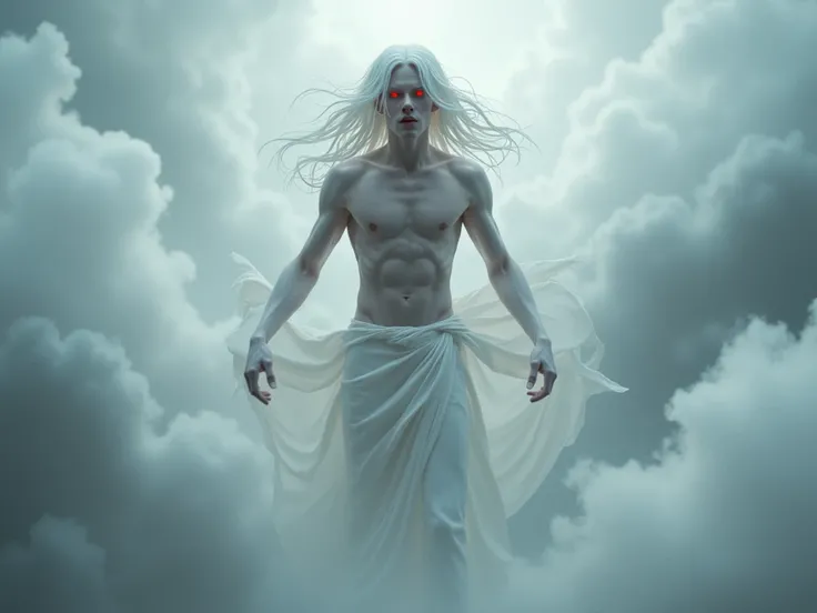 Create a young man , high, shirtless, with red eyes, light skin, long white hair , Levitating, with fog surrounding him 