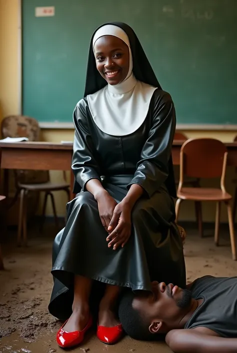 Beautiful Nigerian nun in a leather habit and muddy red patent leather ballet flats covered in thick wet mud sitting elegantly in a classroom environment with a man lying at her feet and licking her shoes. The man lying on the muddy floor is kissing her fe...