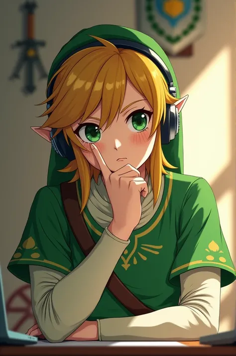 A Japanese anime-style image of Link from The Legend of Zelda, sitting at a desk wearing headphones, with a focus on his face. He looks calm but badass, his intense eyes showing his inner strength. His green tunic and iconic hat are visible, and the backgr...