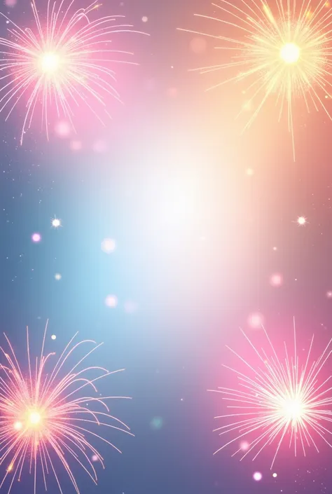 Create a background card with light, bright tones, with fireworks in the four corners of the card