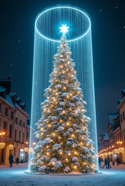 A gorgeous and wonderful huge Christmas tree appears in a snow-covered square and inside a cylindrical hologram, effective effects, bold and dynamic, contrasts of light and shadow, 2.5D, artistic photography, hyper realistic, ultra detailed, absolutely res...