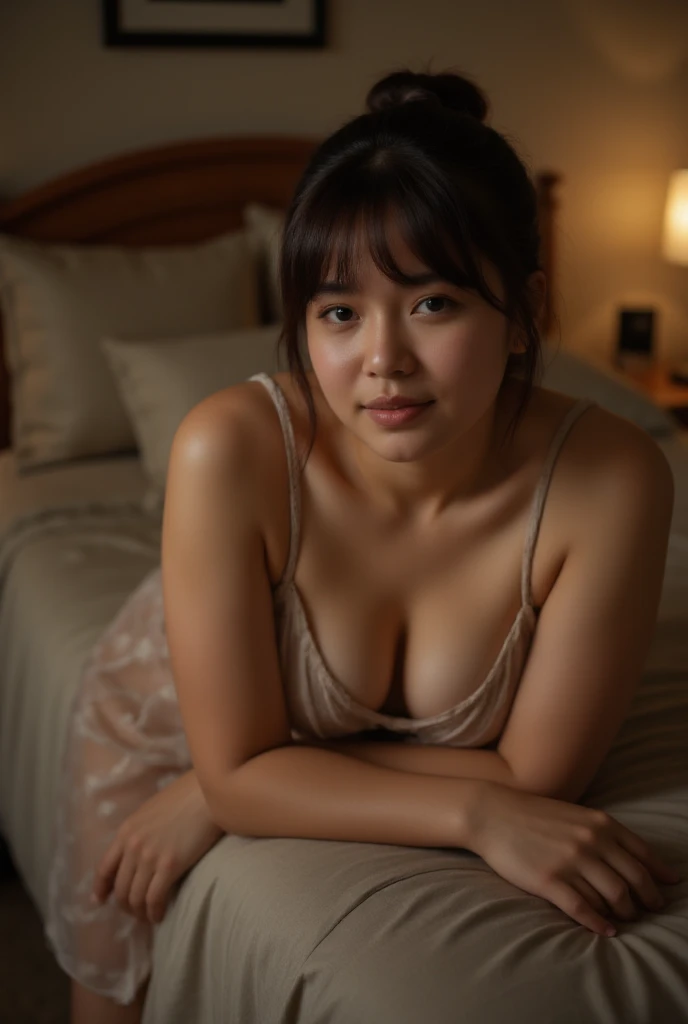 A beautiful indonesian woman, a bit chubby, tied short hair with bang, wearing chiffon sleeveless nightgown. Lean on the edge of the bed. In the cozy bedroom at night. look at the viewer,