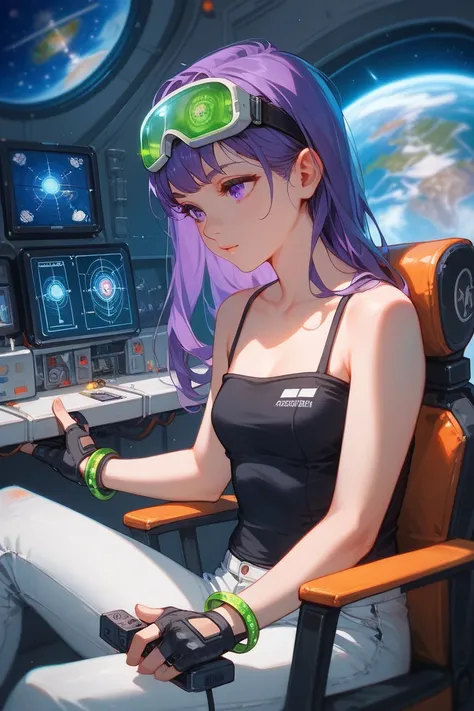 Solo, upper body, inside space ship, piloting controls, chair, switches, control switches, flashing lights, gloves, Girl with purple eyes, purple hair, long hair, swept, bangs, deep in thought, thin, small breasts, green tinted goggles on head, wearing str...