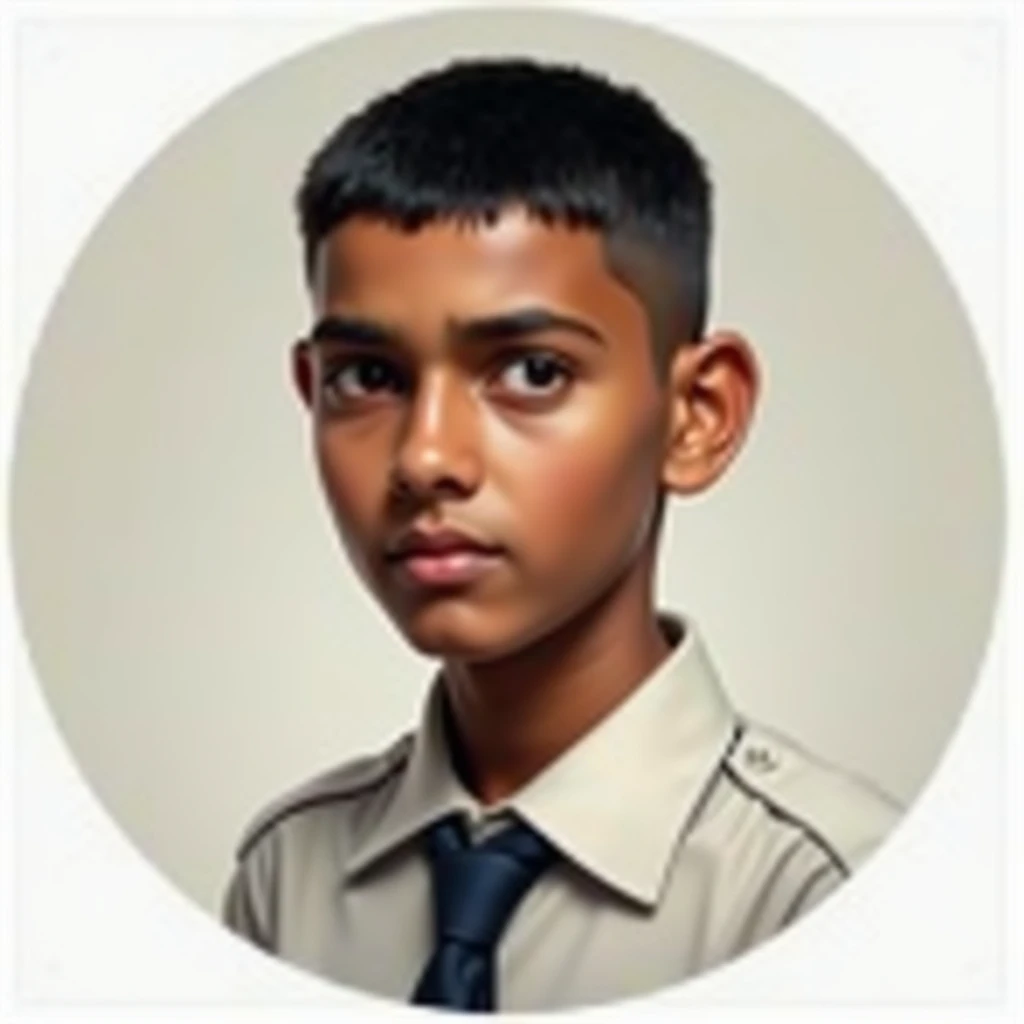 Create a profile picture of a young indian realistic real student in crew cut hairstyle in circle wearing school tie