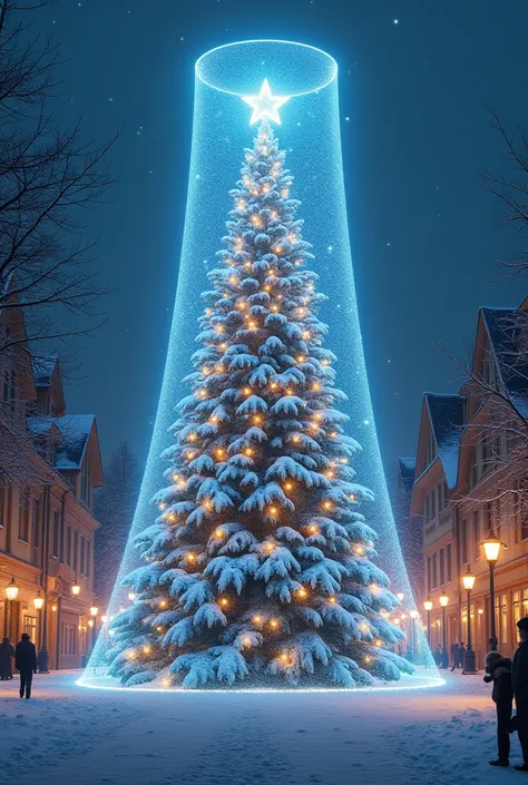 A gorgeous and wonderful huge Christmas tree appears in a snow-covered square and inside a cylindrical hologram, effective effects, bold and dynamic, contrasts of light and shadow, ultra detailed, absolutely resolution, masterpiece