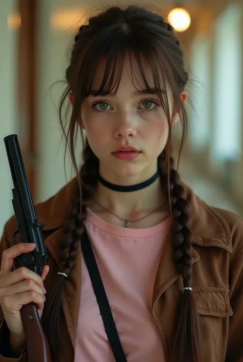 1 person, insane,  Neutral , Funny,  indifferent expression , Russian,  girl ,  straight brown hair ,  Long hair ,  revolver gathered in two braids , insane взгляд,  green eyes , calm,  fair skin ,  pastel warm colors , dressed in a soft pink T-shirt and b...