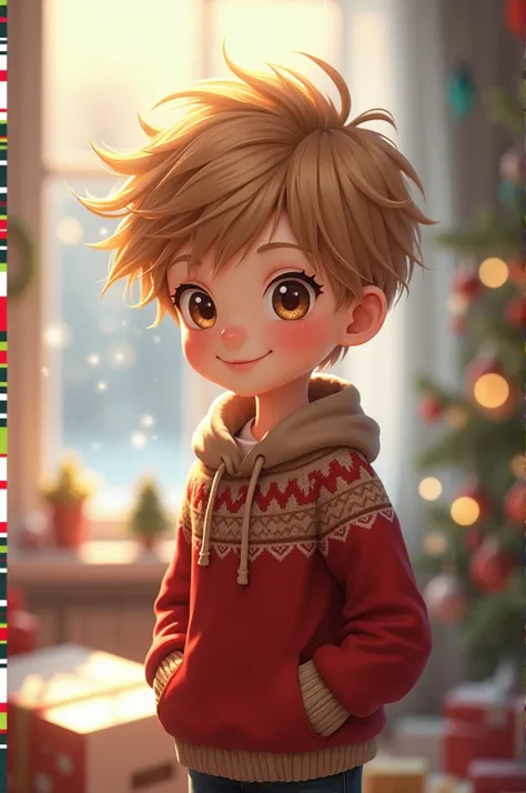 A small anime boy ,  with brown blonde hair ,  light brown eyes ,  in a nice Christmas outfit and has the name Nicolas underneath 