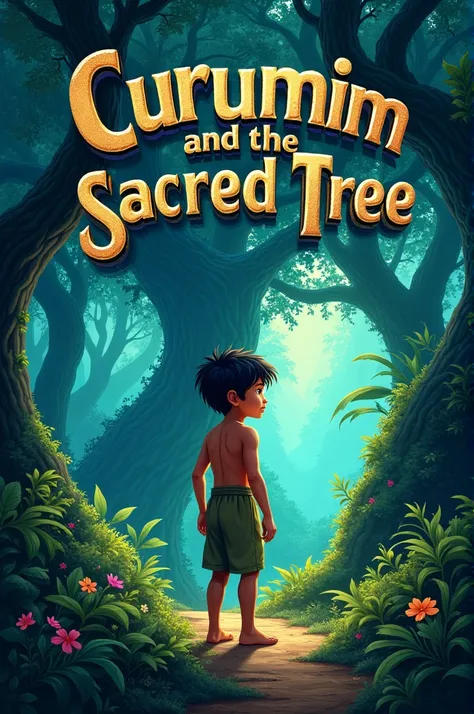  Book cover with a beautiful magical forest in the background and the title Curumim and the Sacred Tree. The beautiful story of the Enchanted Amazon in blue highlighted with gold on the top of the cover