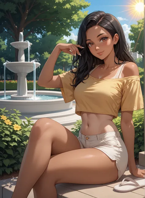 ((masterpiece)), ((anime style)), ((waist up)), {(attractive figure), (eccentuated curves), (medium breasts), (tan skin), (freckles), (long straight hair), (black hair), (brown eyes), (long eyelashes), (white nails), (lush lips), (cute smile)}, {(yellow of...